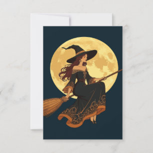 Young Goth Witch Sat Astride A Besom Vector Art Invitation