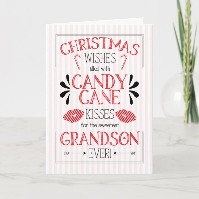 Young Grandson Candy Cane Kisses Christmas Wishes Holiday Card (Front)
