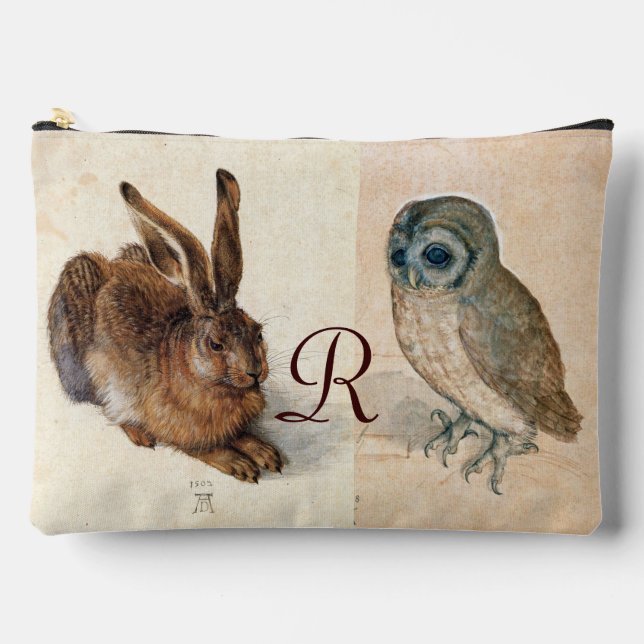Young Hare (Rabbit ) and  Owl Monogram Accessory Pouch (Front)