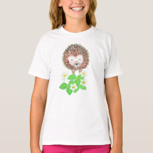 Young Hedgehog & Wild Strawberry Flowers    T-Shirt