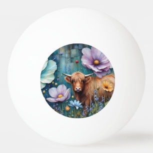 Young Highland Cow Floral Tapestry Ping Pong Ball