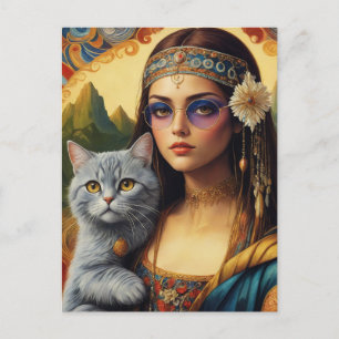 Young Hippie Mona Lisa and Her Grey Cat Postcard