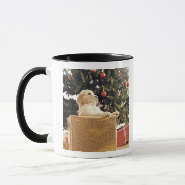 Young Labrador Leaning on a Christmas Present Mug (Left)