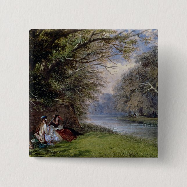 Young ladies by a river 2 inch square button (Front)