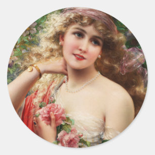 Young Lady With Roses Classic Round Sticker