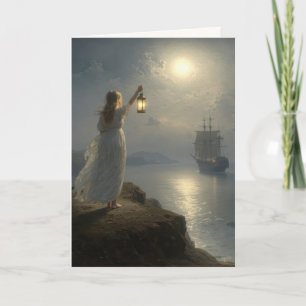 Young Maiden Holding a Lantern in a Harbour Card