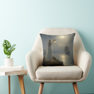 Young Maiden Holding a Lantern in a Harbour Throw Pillow