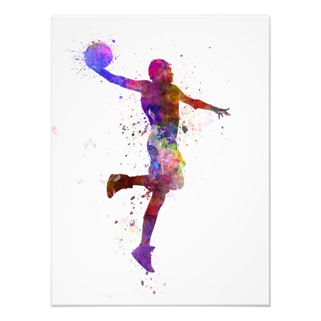young man basketball player one hand slam dunk photo print (Front)