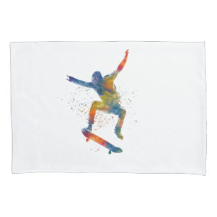 young man on skateboard watercolor pillowcase