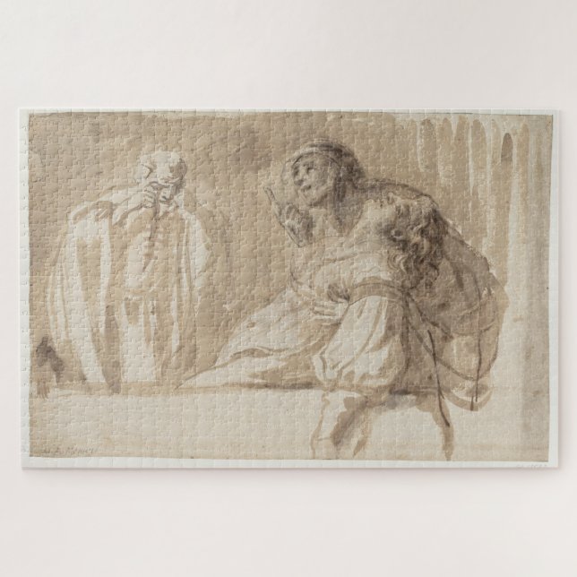 Young man points up, holds woman unconscious jigsaw puzzle (Horizontal)