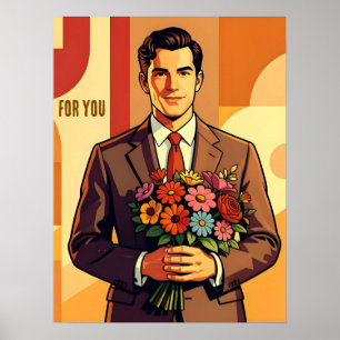 Young Man with Bouquet Retro Style Personalized Poster