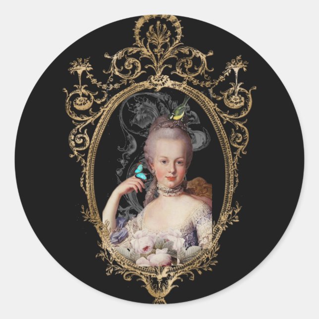 Young Marie Antoinette on black envelope   Classic Round Sticker (Front)