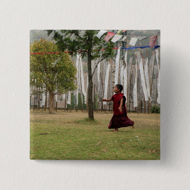 Young monk and prayer flags 2 inch square button (Front)