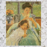 Young Mother Sewing by Mary Cassatt, Vintage Art Jigsaw Puzzle<br><div class="desc">Young Mother Sewing (c. 1900) by Mary Cassatt is a vintage impressionism fine art family portrait painting. A girl, her daughter, is leaning on her lap. A vase with a bouquet of flowers is on a table behind them. A mom mending some clothes with a child. About the artist: Mary...</div>