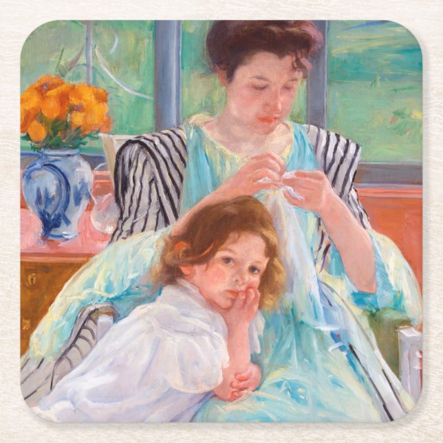 Young Mother Sewing, Mary Cassatt Square Paper Coaster (Front)