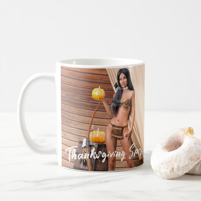 Young Native American Posing on Wood Wall Coffee Mug (With Donut)