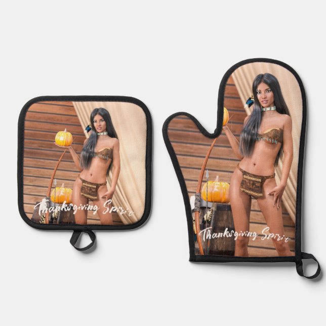Young Native American Posing on Wood Wall Oven Mitt & Pot Holder Set (Front)