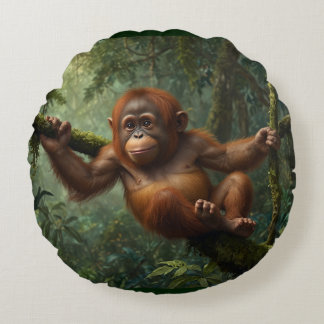 Young Orangutan in a Rain Forest Round Pillow