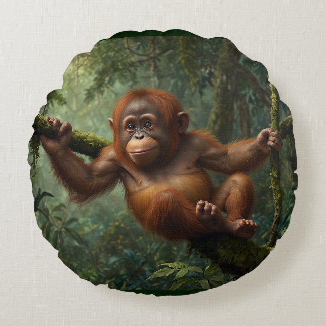 Young Orangutan in a Rain Forest Round Pillow (Front)