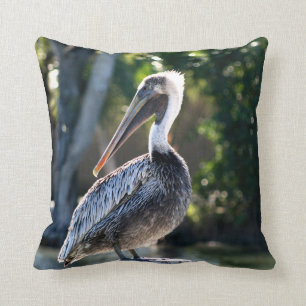 young pelican on stump wild bird photograph throw pillow