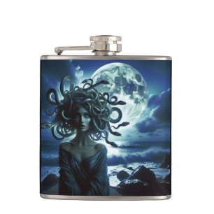 Young Pretty Medusa by the Moon & Ocean Hip Flask