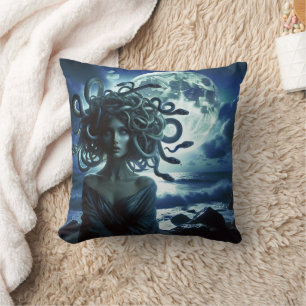 Young Pretty Medusa by the Moon & Ocean Throw Pillow