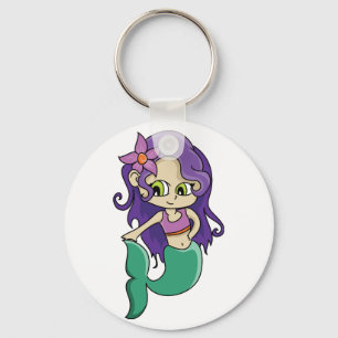Young Purple Haired Mermaid with Big Green Eyes Keychain