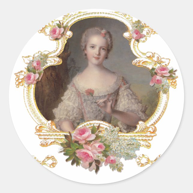 Young Queen Marie Antoinette Pink Roses Cards Classic Round Sticker (Front)