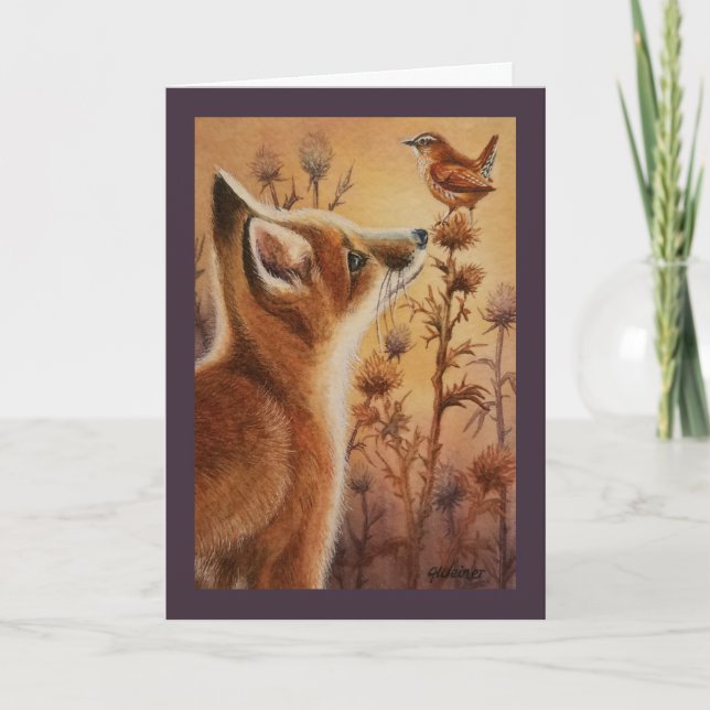 Young Red Fox & Carolina Wren Bird Watercolor Art Card (Front)