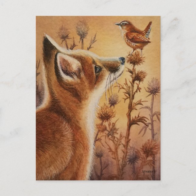 Young Red Fox & Carolina Wren Bird Watercolor Art Postcard (Front)