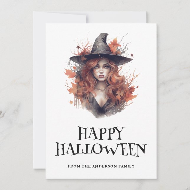 Young Red Haired Witch Happy Halloween Holiday Card (Front)