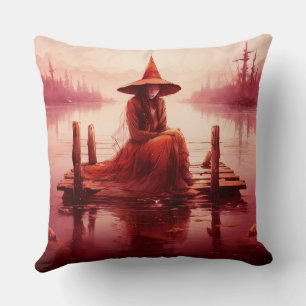 Young Red Witch Sits On Broken Pier Throw Pillow