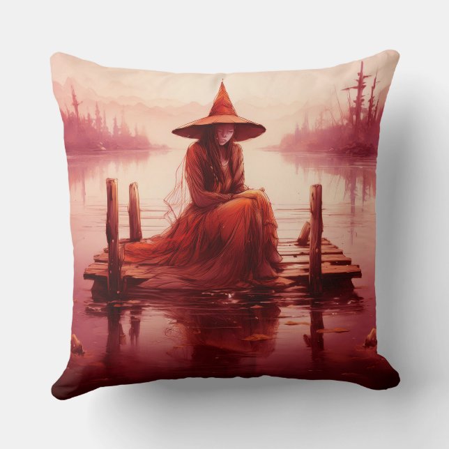 Young Red Witch Sits On Broken Pier Throw Pillow (Back)