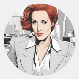 Young Redhead Beauty in Office Classic Round Sticker