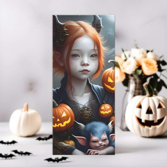 Young Redhead Demon with Pet Halloween Card (👹🎃 Mystical Connection: Halloween Fantasy Art Card! 🌙)