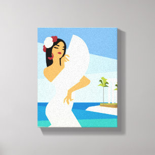 Young Spanish Lady posing with fan in ocean coast Canvas Print