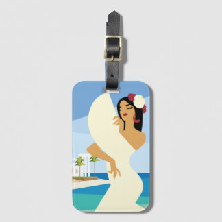 Young Spanish Lady posing with fan in ocean coast Luggage Tag