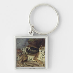 Young tiger playing with his mother, 1830 (oil on keychain