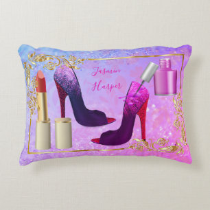 Young Trendy Girly Colourful Fashion Shoes Makeup Accent Pillow