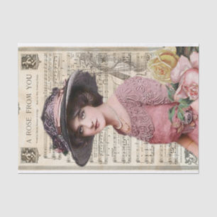 Young Victorian Lady with Pink Flower Dress Roses Tissue Paper