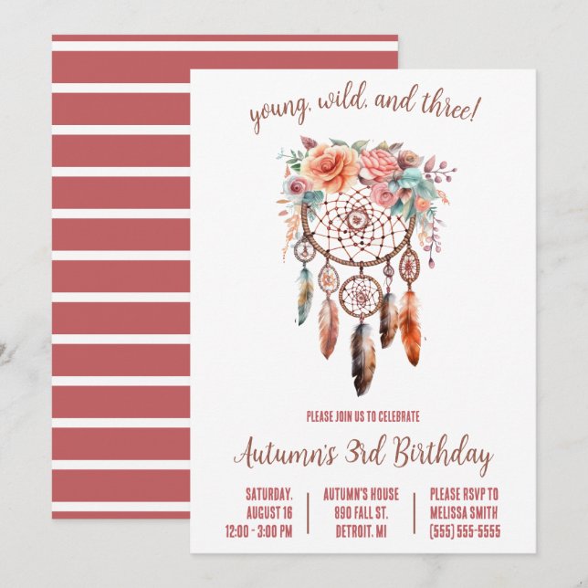 Young, Wild, & 3! Boho Dreamcatcher Birthday Party Invitation (Front/Back)