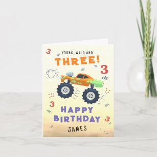 Young Wild 3rd Birthday Kids Monster Car Trucks Card