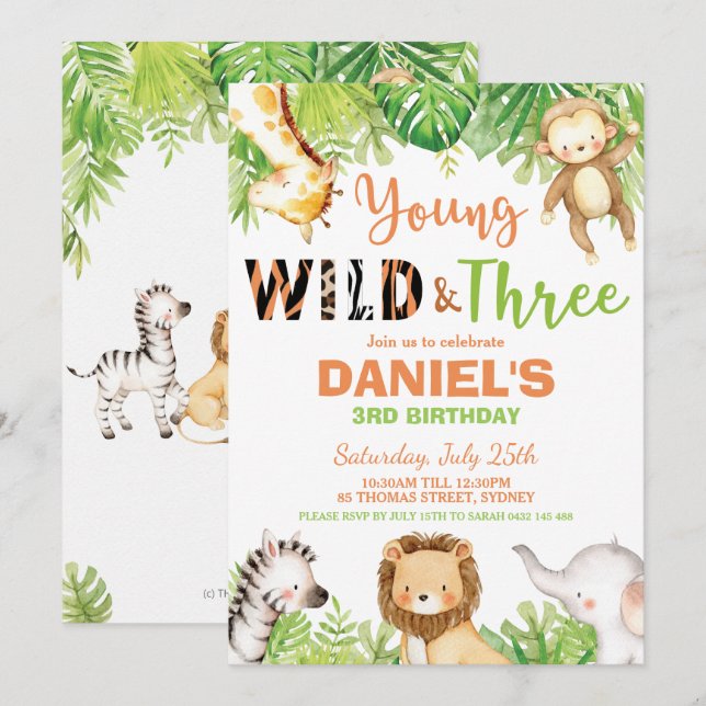 Young Wild and Three 3rd Birthday Jungle Animals Invitation (Front/Back)