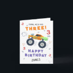 Young Wild And Three 3rd Birthday Kids Monster Car Card<br><div class="desc">Young Wild And Three 3rd Birthday Kids Monster Car Trucks Birthday Card Greeting Card features a cute and colourful monster car trucks with the text "Young, wild and three" in modern typography script accented with the number 3 and doodles. Below "Happy Birthday" personalize with your name and add your custom...</div>