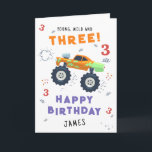 Young Wild And Three 3rd Birthday Kids Monster Car Card<br><div class="desc">Young Wild And Three 3rd Birthday Kids Monster Car Trucks Birthday Card Greeting Card features a cute and colourful monster car trucks with the text "Young, wild and three" in modern typography script accented with the number 3 and doodles. Below "Happy Birthday" personalize with your name and add your custom...</div>