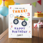 Young Wild And Three 3rd Birthday Kids Monster Car Card<br><div class="desc">Young Wild And Three 3rd Birthday Kids Monster Car Trucks Birthday Card Greeting Card features a cute and colourful monster car trucks with the text "Young, wild and three" in modern typography script accented with the number 3 and doodles. Below "Happy Birthday" personalize with your name and add your custom...</div>