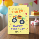 Young Wild And Three 3rd Birthday Kids Monster Car Card<br><div class="desc">Young Wild And Three 3rd Birthday Kids Monster Car Trucks Birthday Card Greeting Card features a cute and colourful monster car trucks with the text "Young, wild and three" in modern typography script accented with the number 3 and doodles. Below "Happy Birthday" personalize with your name and add your custom...</div>