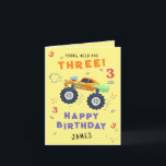 Young Wild And Three 3rd Birthday Kids Monster Car Card<br><div class="desc">Young Wild And Three 3rd Birthday Kids Monster Car Trucks Birthday Card Greeting Card features a cute and colourful monster car trucks with the text "Young, wild and three" in modern typography script accented with the number 3 and doodles. Below "Happy Birthday" personalize with your name and add your custom...</div>