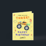 Young Wild And Three 3rd Birthday Kids Monster Car Card<br><div class="desc">Young Wild And Three 3rd Birthday Kids Monster Car Trucks Birthday Card Greeting Card features a cute and colourful monster car trucks with the text "Young, wild and three" in modern typography script accented with the number 3 and doodles. Below "Happy Birthday" personalize with your name and add your custom...</div>