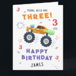 Young Wild And Three 3rd Birthday Kids Monster Car Card<br><div class="desc">Young Wild And Three 3rd Birthday Kids Monster Car Trucks Birthday Card Greeting Card features a cute and colourful monster car trucks with the text "Young, wild and three" in modern typography script accented with the number 3 and doodles. Below "Happy Birthday" personalize with your name and add your custom...</div>